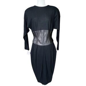 VINTAGE JOANIE CHAR Elegant Black Dress with Real Leather Detail